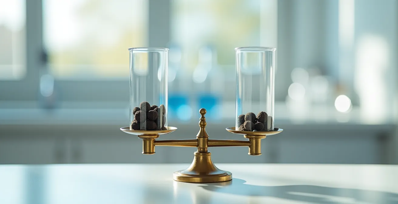 Axe Symbolique & Métaphorique : Balance ancienne avec éprouvettes de laboratoire représentant les niveaux d'urgence