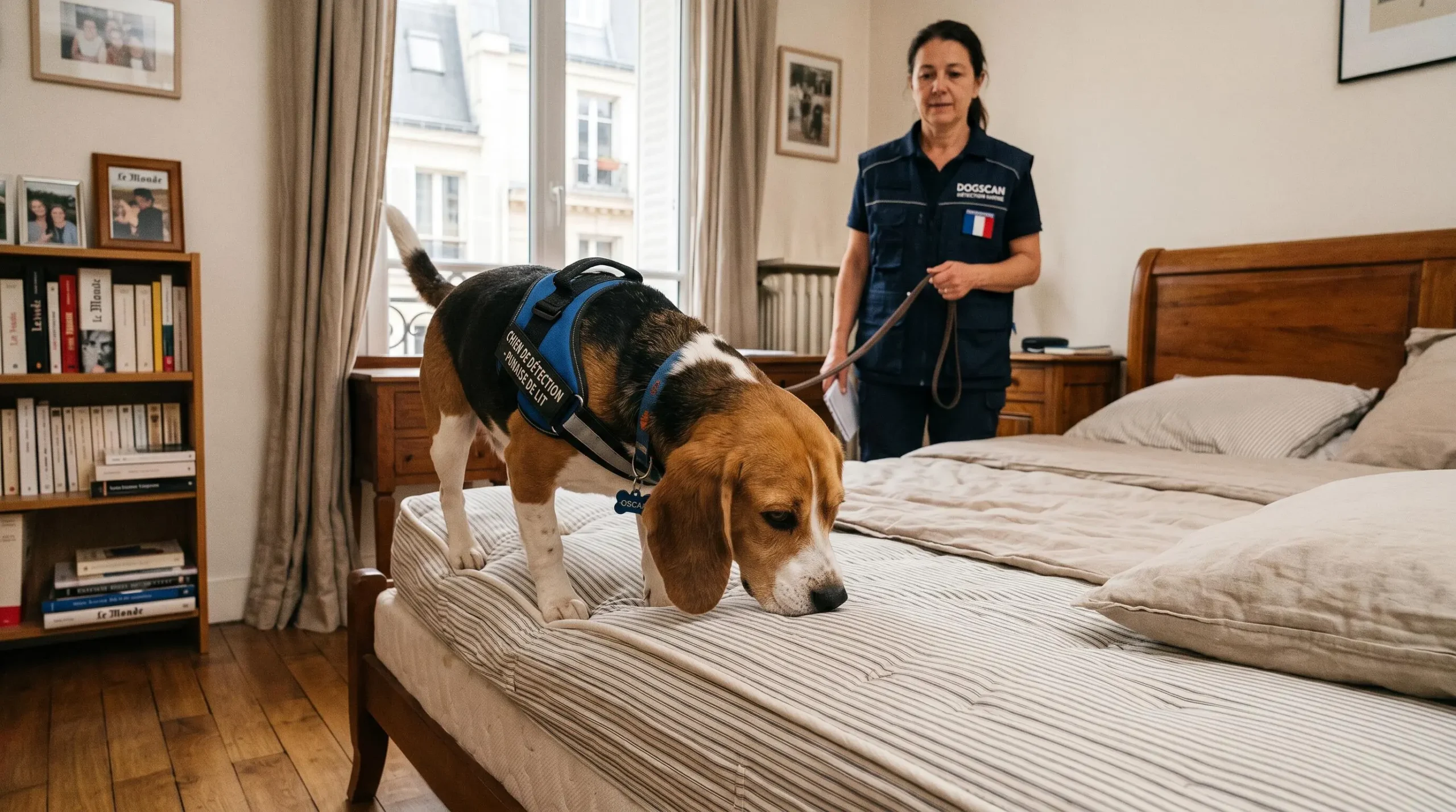 Chien détecteur beagle concentré reniflant les coutures d'un matelas lors d'une inspection professionnelle, maître-chien certifié en gilet professionnel visible en arrière-plan