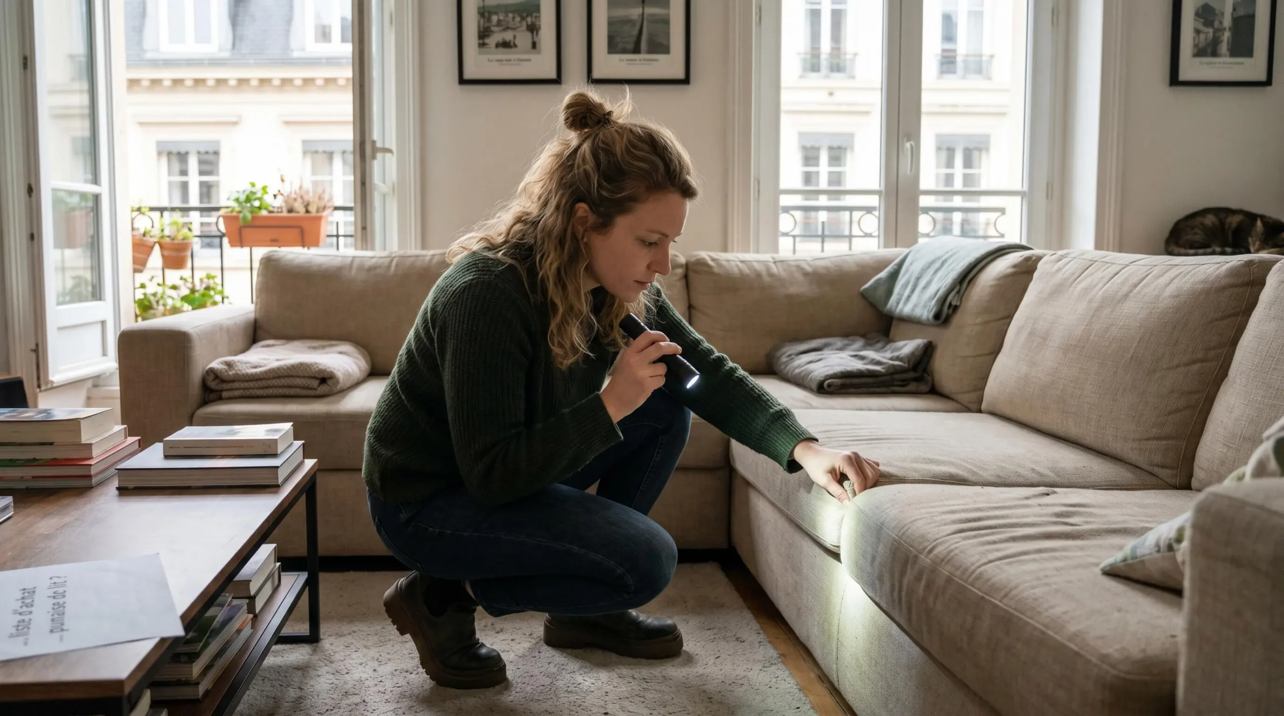 Femme accroupie inspectant avec une lampe torche les coutures d'un canapé beige d'occasion dans un intérieur résidentiel lumineux, geste de vérification préventive