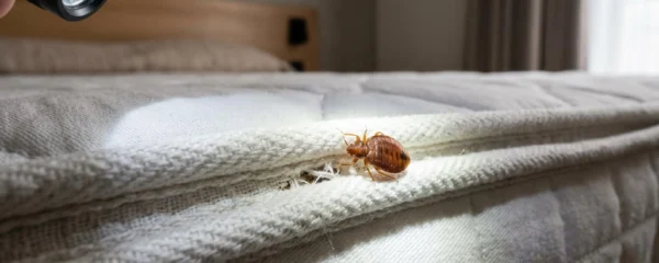 Gros plan photographique montrant une punaise de lit adulte dans les coutures blanches d'un matelas lors d'une inspection professionnelle avec éclairage de lampe torche