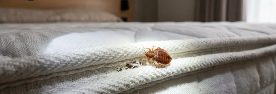 Gros plan photographique montrant une punaise de lit adulte dans les coutures blanches d'un matelas lors d'une inspection professionnelle avec éclairage de lampe torche