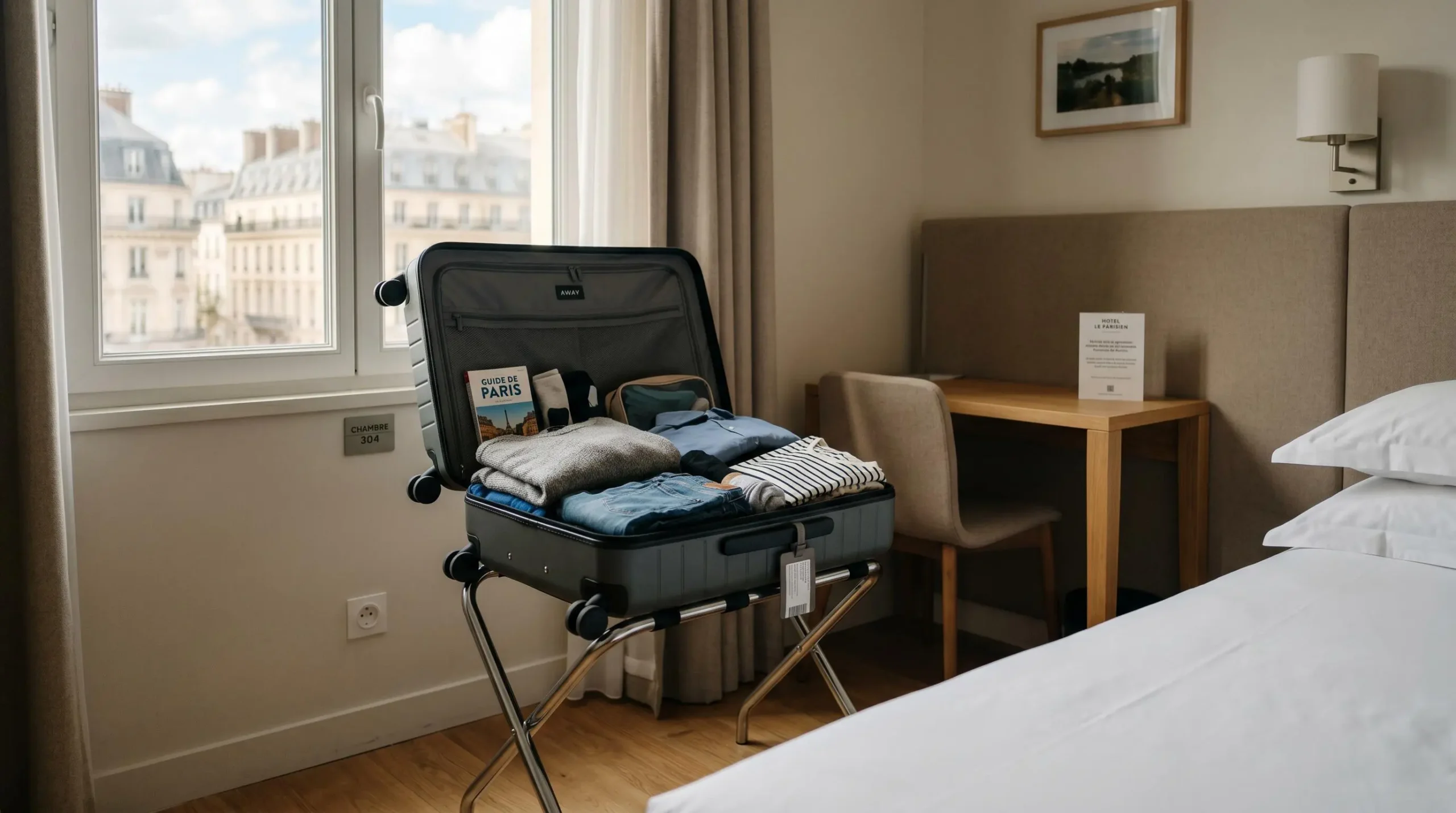 Valise de voyage ouverte posée sur un porte-bagages dans une chambre d'hôtel contemporaine, avec vêtements pliés visibles, lumière naturelle